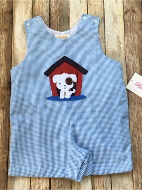 NWT Rosalina Doghouse Blue Gingham Appliqué Shortall Romper